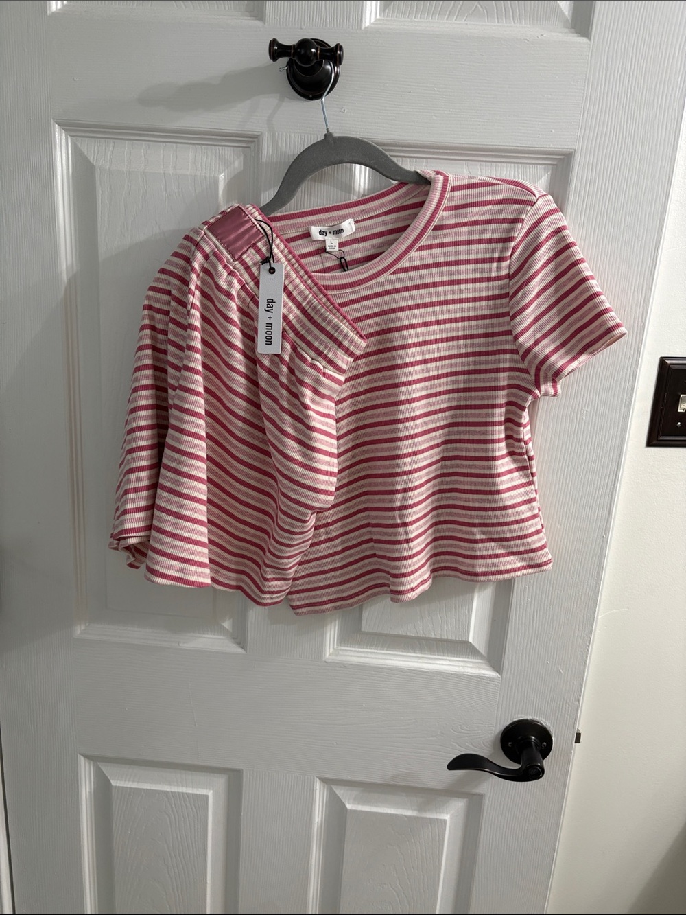 Ribbed Pink & Cream Striped Short Sleeve Crop Top